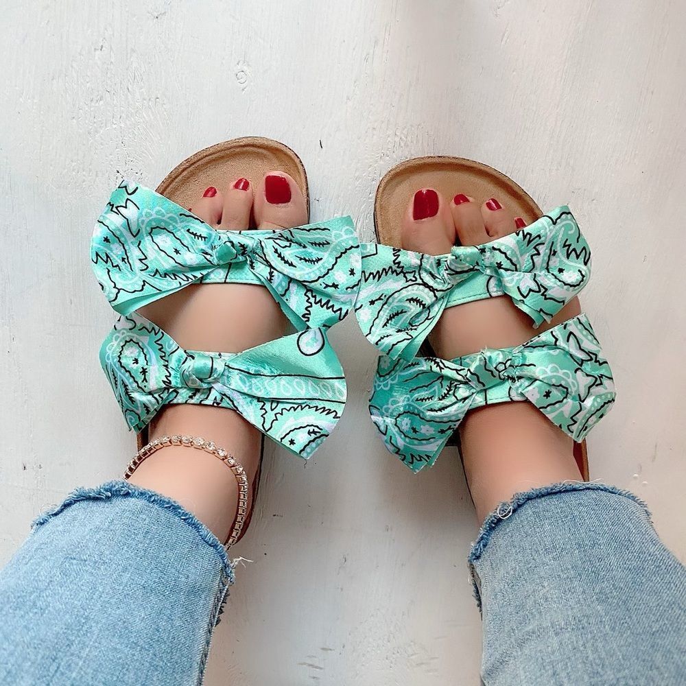 Mint Bandana Double Bow Slides Sandals